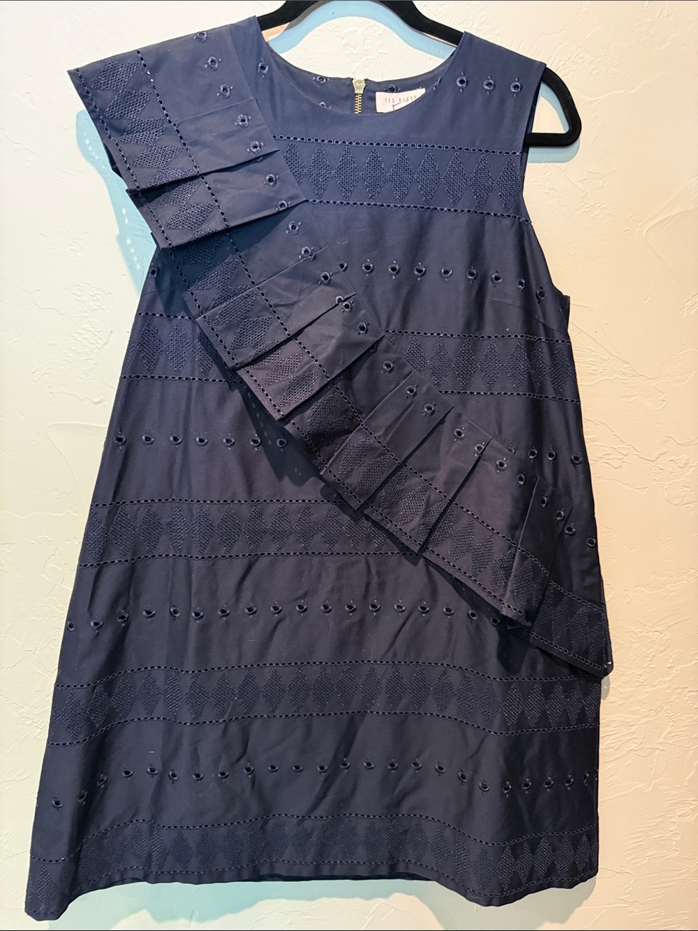 Ted Baker London size 3 Navy One-Shoulder Eyelet Ruffle Shift Dress